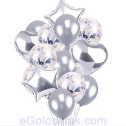 CONJUNTO 14 GLOBOS ESTRELLA, PLATA y CONFETTI